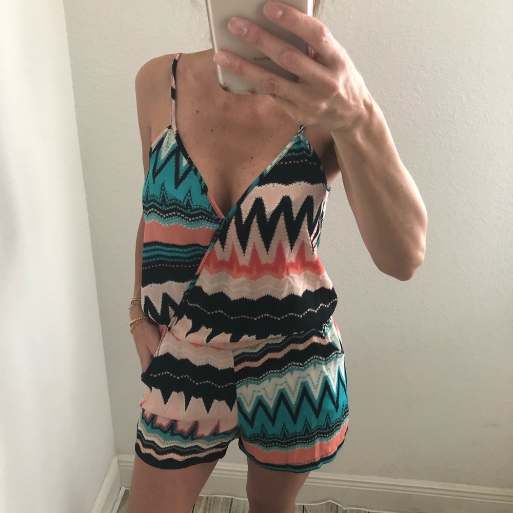 Olivaceous Azteca Romper V Neck Spaghetti Straps S